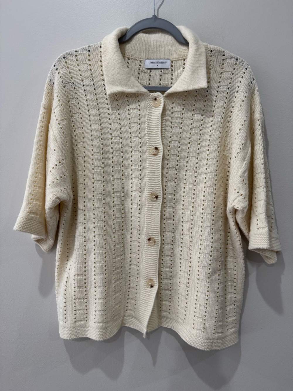 The Lifestyled Co Crochet Knit Short Sleeve‎ Sweater Oversized Fit Beige Sz M